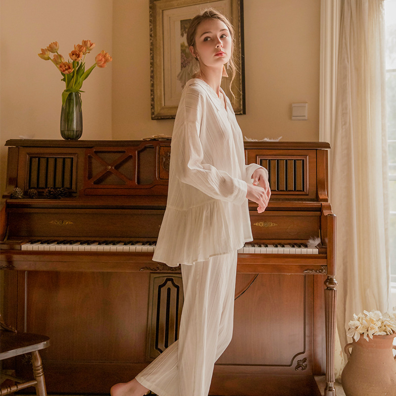 Pajamas Women Fashion Classic White Pajama Suit Long Sleeve Pajamas Leisure Sleepwear Lady 201027