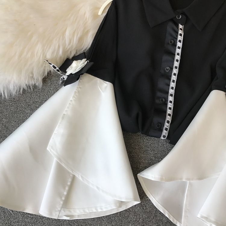 Spring Summer Vintage Lapel Strapless Big Flare sleeve Long Slim Chiffon Shirt 3D Flower Deco Blouse Women 220308