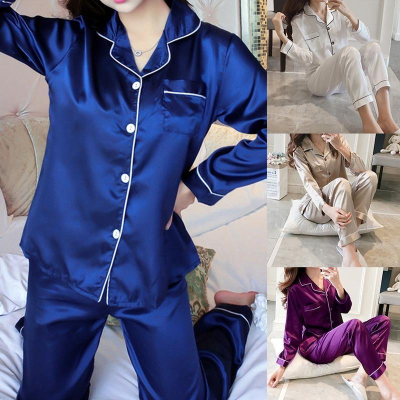 ZITY 2 Pieces Faux Silk Satin Pajamas Set Autumn Women Sleepwear Long Sleeve Pajamas For Women Ladies Pyjamas 201027