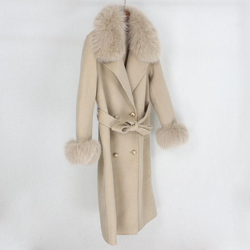 OFTBUY Double Breasted Cashmere Wool Blends Real Fur Coat Winter Jacket Women Natural Fox Fur Collar and Cuffs Streetwear 201103