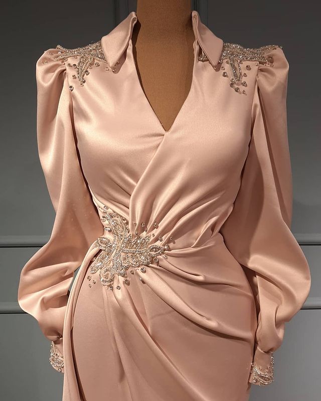 Aso Ebi 2020 Arabic Pink Beaded Crystals Evening Dresses Long Sleeves Prom Dresses Sexy Formal Party Second Reception Gowns ZJ266