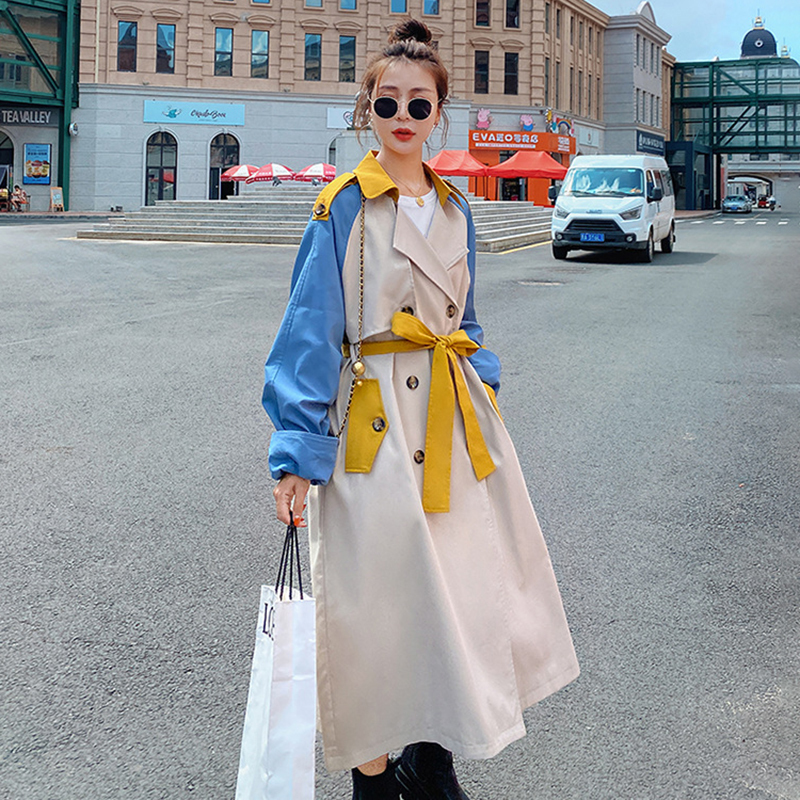 DEAT Autumn Fashion Womens Trench Coat Casual Full Sleeve Lapel Collar Patchwork Hit Color Slim Long With Belt TX175 201030