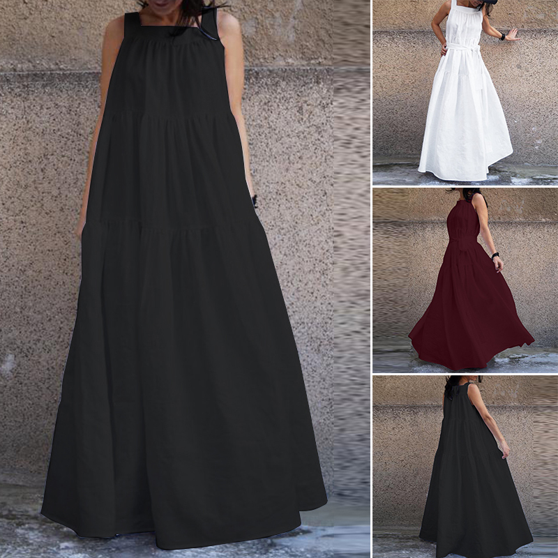 Fashion Strap Maxi Vestido Women's Ruffle Sundress ZANZEA Female Casual Party Robe Femme Plus Size Bohemian Dress With Belt T200416