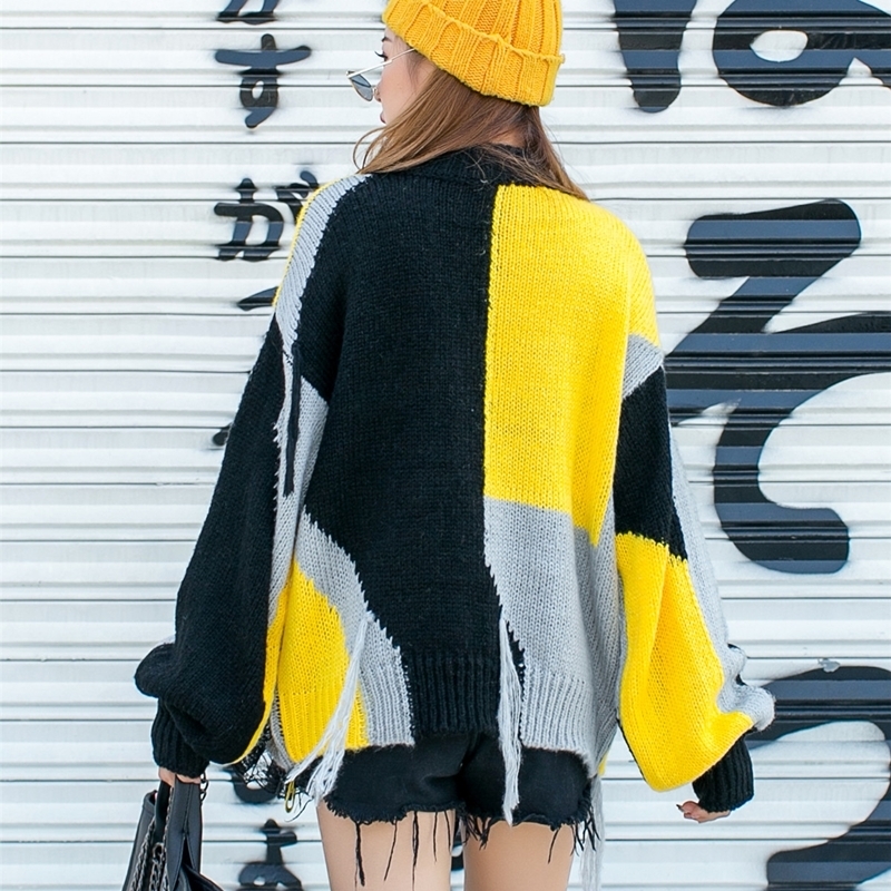 Vefadisa Women Pullovers Sweater 2020 Autumn Winter Women Cat Appliques Sweater Female Patchwork Color Tassel Sweater LJ201114