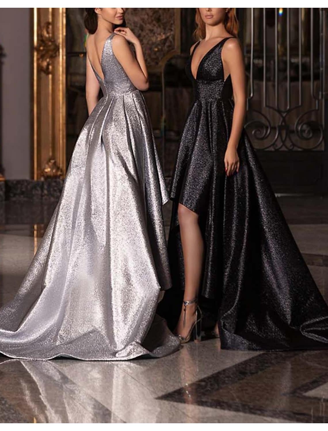 Glittering Gold/Silver Elegant Prom Evening Dress V Neck Sleeveless Backless Sequin Formal Party Gown High Low Robes De Soiree Vestidos Longo 2026