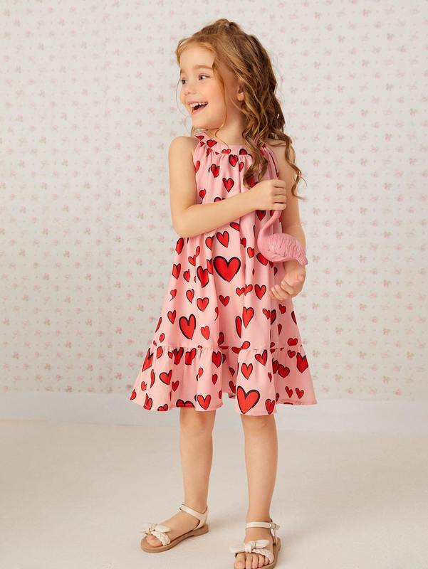 Toddler Girls Halter Neck Heart Print Ruffle Hem Dress SHE