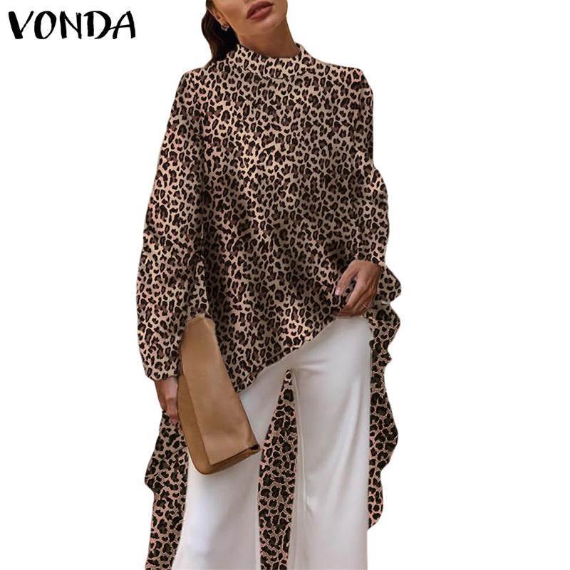 VONDA Summer Leopard Print Blouse 2019 Casual Sevy Women Blouse Long Sleeve Vintage Office Shirt Asymmetrical Long Top Plus Size T200321