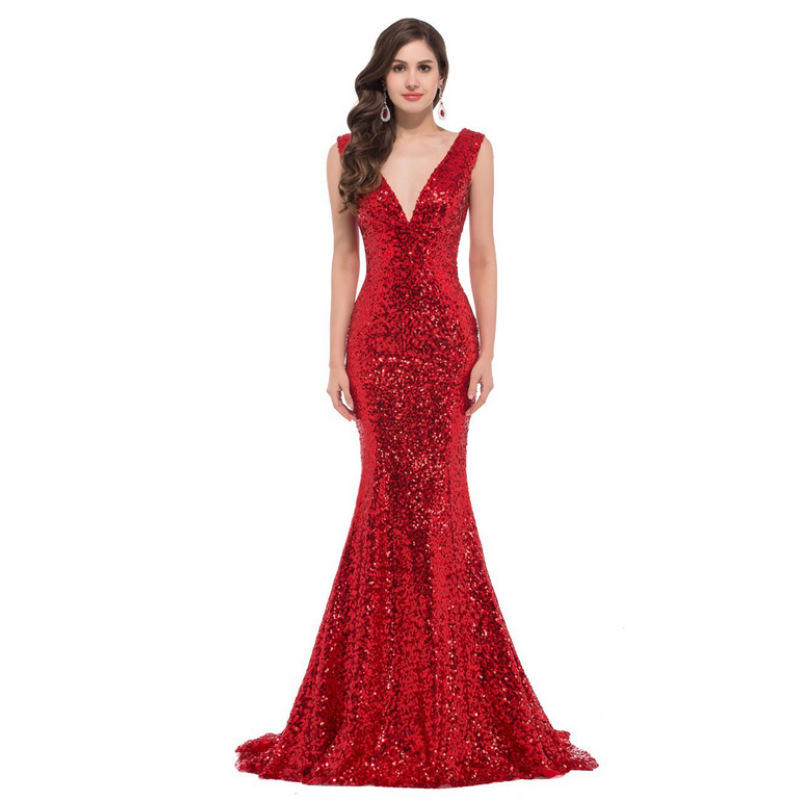 2022 Glitter Bright Gold Sequined Mermaid Evening Dresses For Women Sleeveless V Neck Long Formal Party Gowns Elegant Shiny Lady Prom Dress Special Oc
