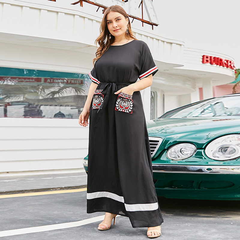 Siskakia Plus Size Dresses Summer New O Neck Short Sleeve Maxi Dress Black Ethnic embroidery Women Clothing Big Size T200601