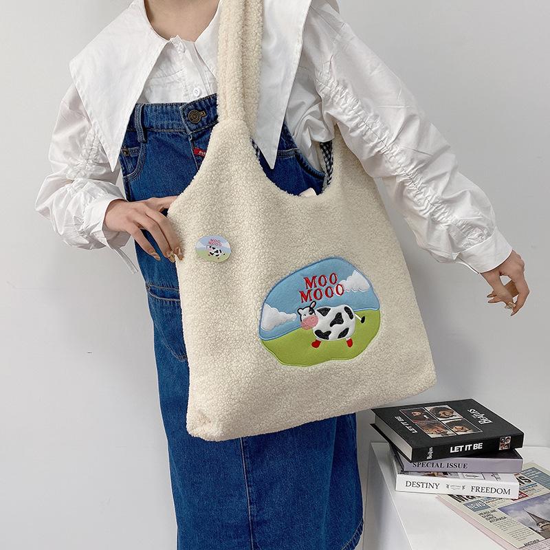 Lovely Fluffy Women Shoulder Bags Cute Cartoon Lamb Wool Ladies Shopping Bag Large Capacity Girls Student Handbags Casual Tote, Cow
Lovely Fluffy Women Shoulder Bags Cute Cartoon Lamb Wool Ladies Shopping Bag Large Capacity Girls Student Handbags Casual Tote, Cow