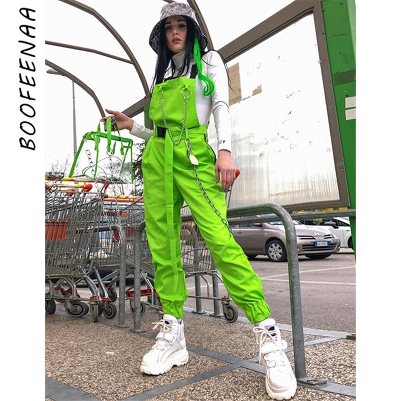 BOOFEENAA Chain Buckle Neon Green Overalls for Women Clothes Casual Jumpsuits Streetwear Fashion Summer Romper C94-AI86 T200509