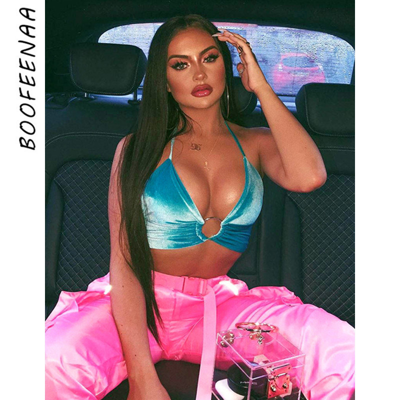 

BOOFEENAA Blue Velvet Ring Bralette Crop Top Women Sexy Clothes Rave Festival Backless Halter Deep V Low Cut Tank Tops C77-G51 Y200701