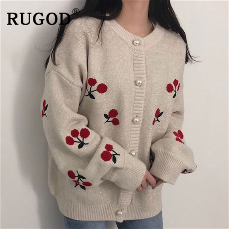 RUGOD Elegant pearl beading knitted cardigan women Fashion singlebreasted cherry printed loose cardigan Korean oversized coat T200113
