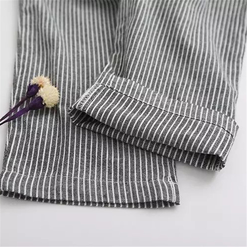 GAOKE Cotton Linen Women Casual Pants Fashion Loose Long Pants Elastic Waist Straight Striped Trousers Pantalon 201106