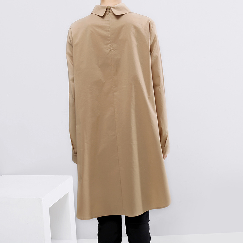 EAM Women Khaki Split Joint Asymmetrical Blouse New Lapel Long Sleeve Loose Fit Shirt Fashion Spring Autumn 1B722 T200322