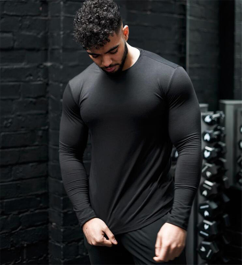Plain Cotton Fitness Long Sleeve T Shirt Men Spring Autumn Slim Fit T-Shirt Man O-neck Tee Shirt Gym Bodybuilding Tshirt 201203