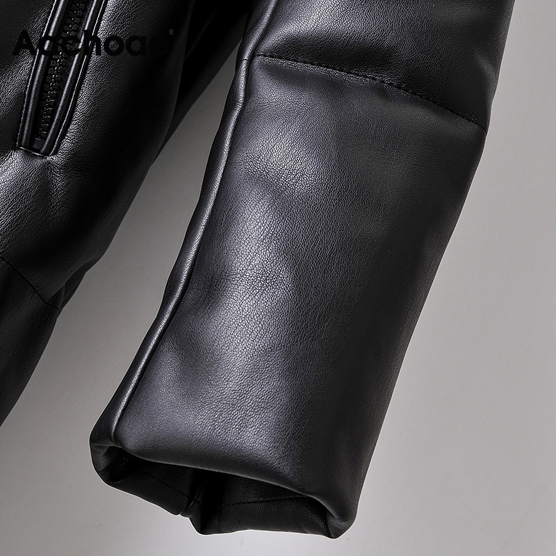 Aachoae Winter Casual Faux Leather Black Coat Women Long Sleeve Thick Warm Jacket Lady Pu Leather Midi Long Hooded Tops 201226