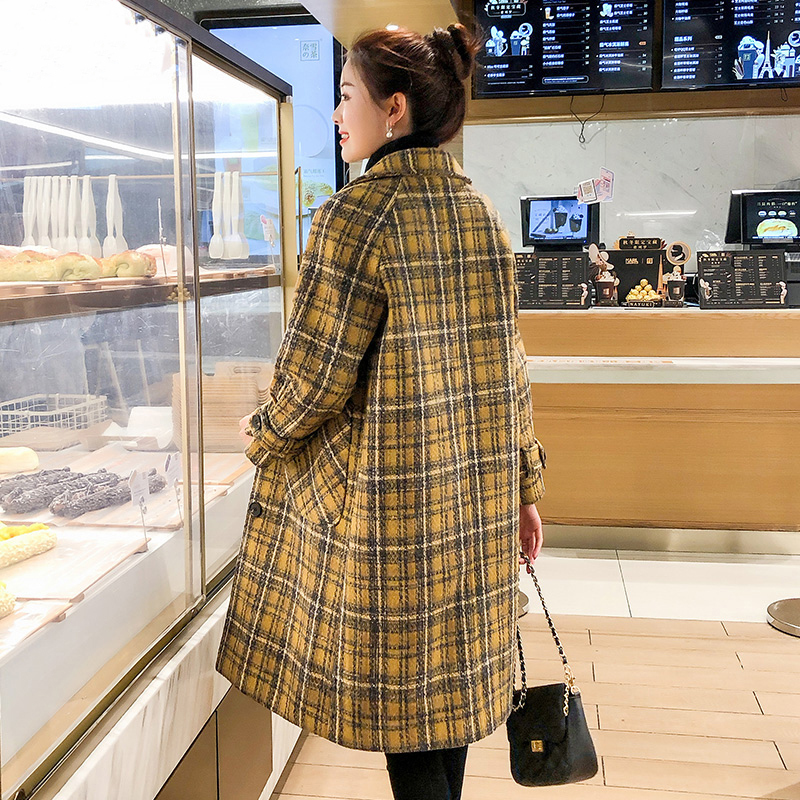 Autumn Winter Women Warm Wool Coat Elegant Plaid Single Breasted Blends Outwear Female Big Pocket Loose Mid-long Coat 201215