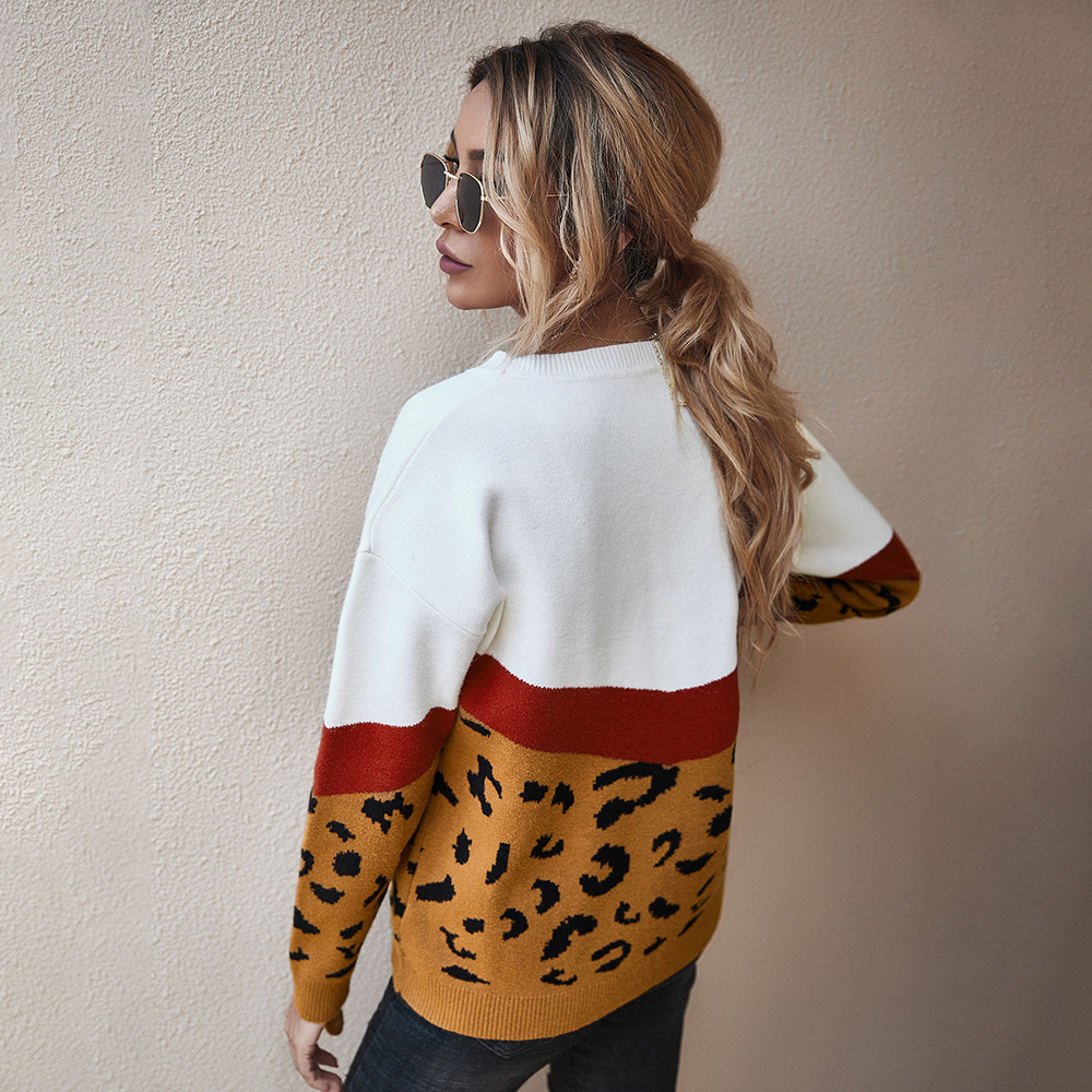 Fashion Leopard Patchwork Autumn Winter Ladies Knitted Sweater Women O-neck Full Sleeve Jumper Pullovers Top Khaki Brown 201030
