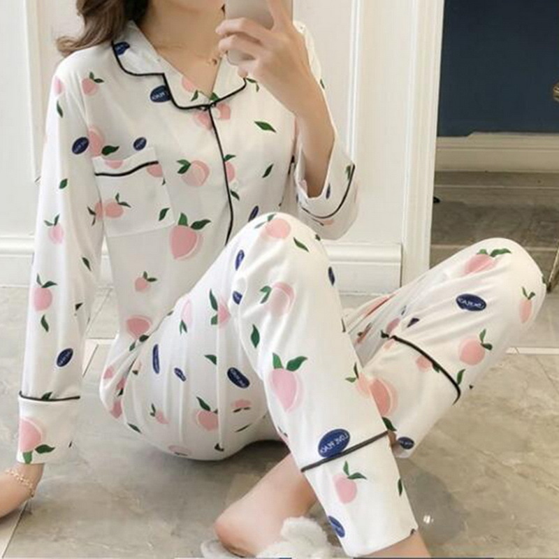 New Long Sleeved Women Pajamas Set Fashion Lovely Print HomeWear Leisure Clothes Women Long Pant Pyjamas Sets Nightwear 201027