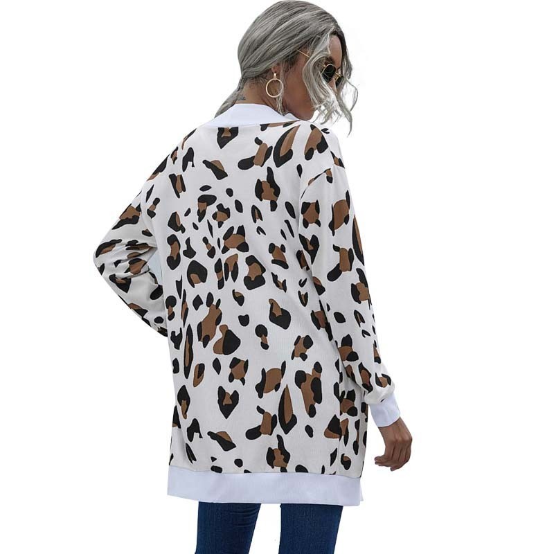 Autumn Winter Leopard Thin Knitted Cardigan Coat Women Long Sleeve Plus Size Fashion Vintage Cardigans Female Long Cardigan 201031
