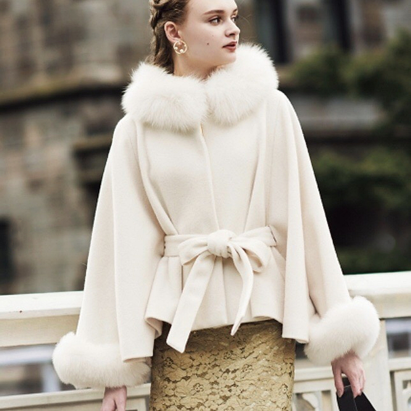 autumn and winter new women's sweet style elegant temperament extravagant wild fox fur collar cloak lace coat 201222