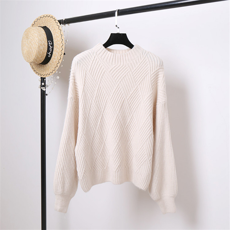 Pull Femme 2019 Winter Autumn Oversized Knitted Cashmere Sweater Women Lantern Sleeve Diamond Basic Thicken Pullovers T200319