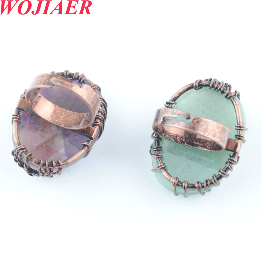 WOJIAER Antique Rings for Women Natural Stone Egg Shape Bead Vintage Wire Wrapped Tree of Life Adjustable Ring BO913