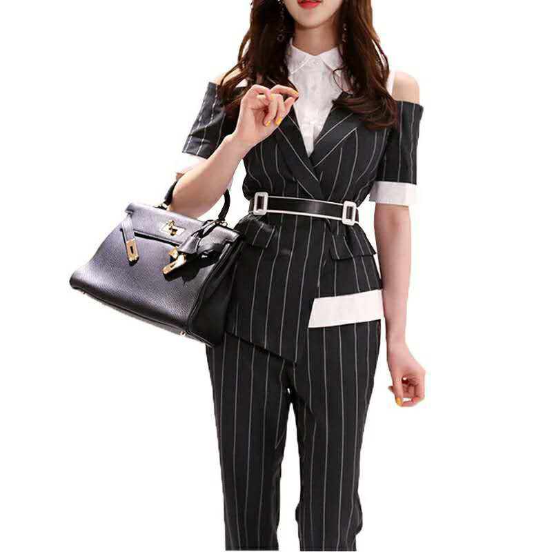 Women's pantsuit Summer black Notched 2 piece set Suits Broadcloth ladies Office Blazer Suit Trouser T200818