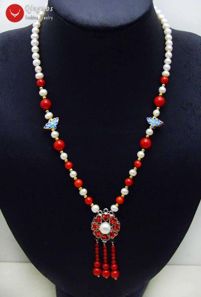 Qingmos Trendy Natural White Pearl 20" Necklace for Women with 3-6mm Red Round Coral & 25mm Green Tassel Pendant Necklace-6089
Qingmos Trendy Natural White Pearl 20" Necklace for Women with 3-6mm Red Round Coral & 25mm Green Tassel Pendant Necklace-6089