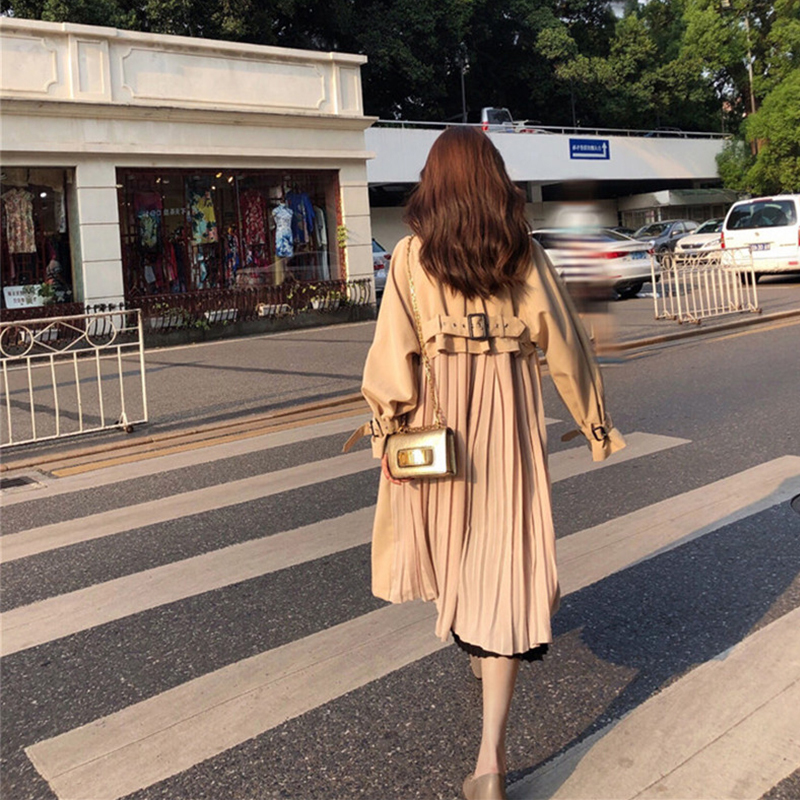 FTLZZ Womens Trench Coat Long Spring Coats Female Fashion Pleated Chiffon Splice Thin Outwear Loose Trench Coat For Women 201030
