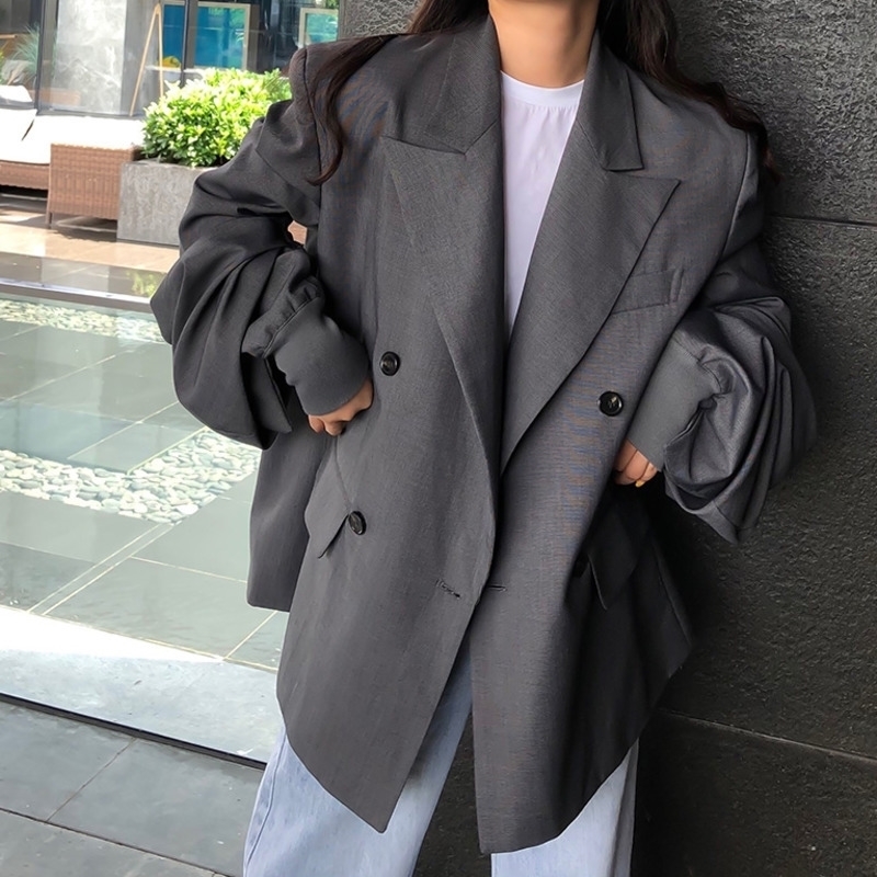 [EWQ] Autumn New Sweet Women Jacket Plus Size Laides Suits Outwear Korea Style Gray Trend Coat Feminino Slimp Loose Blazer 201201