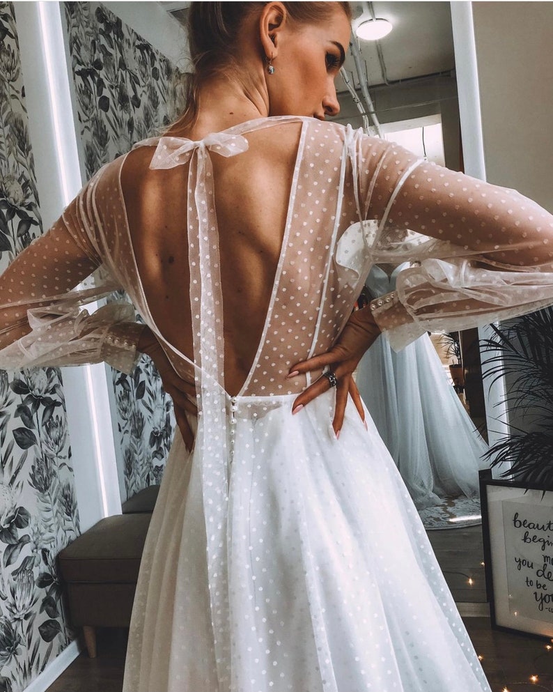 2022 Polka Dot Boho Beach Wedding Dresses Long sleeve Bridal Gowns With Cuffs Sexy Open Back Bow A-Line Silhouette Modern And Stylish Bride Dress Rust