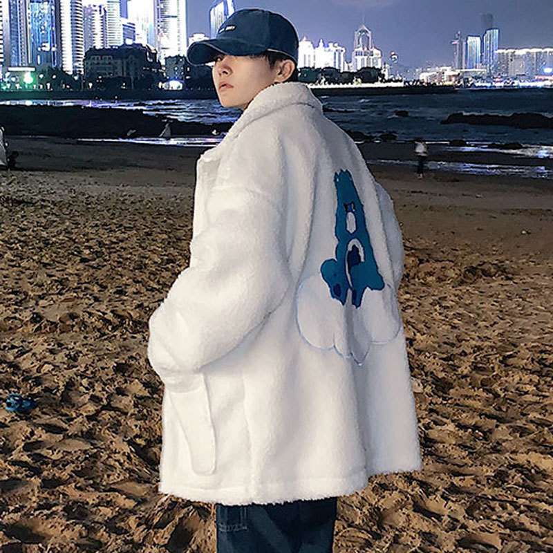 LINDSEY SEADER Harajuku Lamb Wool Winter Jacket Embroidery Bear Thin Parkas Men Streetwear Cotton Zipper Winter Men Coats 201118