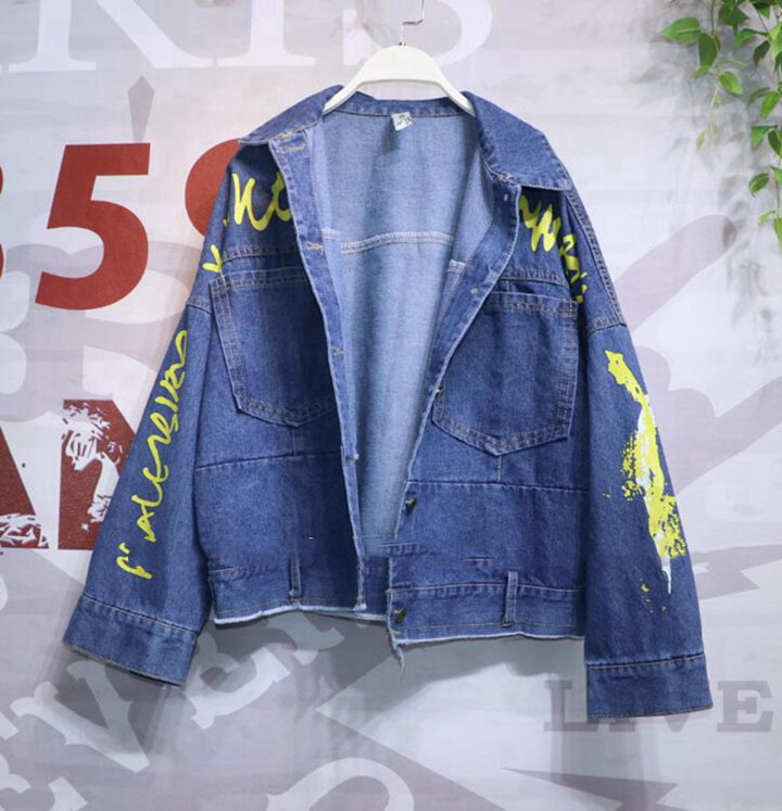 Neploe Hand-painted Pattern Chic Coat Letters Print Cool Girl Denim Jacket Spring Autumn Fashion Pockets BF Outwear 69604 201023