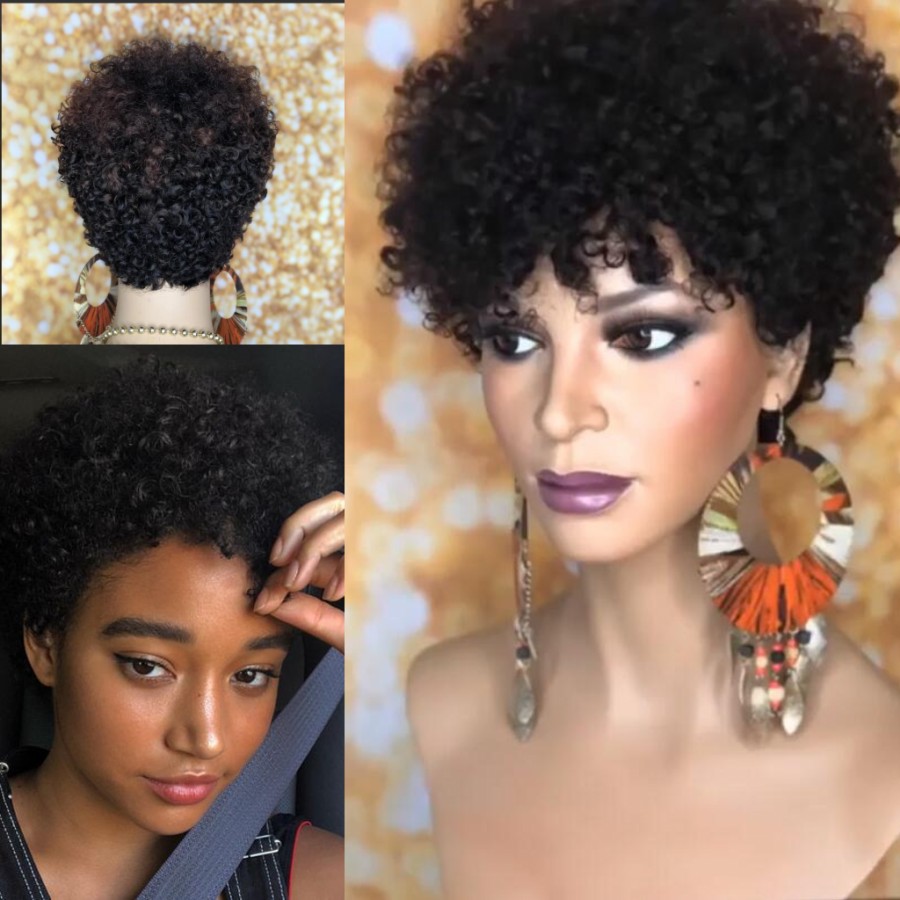 Fashion Piexie Cut Curly Remy Human Hair Wigs natural black /brown/burgundy red/blonde Brazilian Curly Short Wig For Women