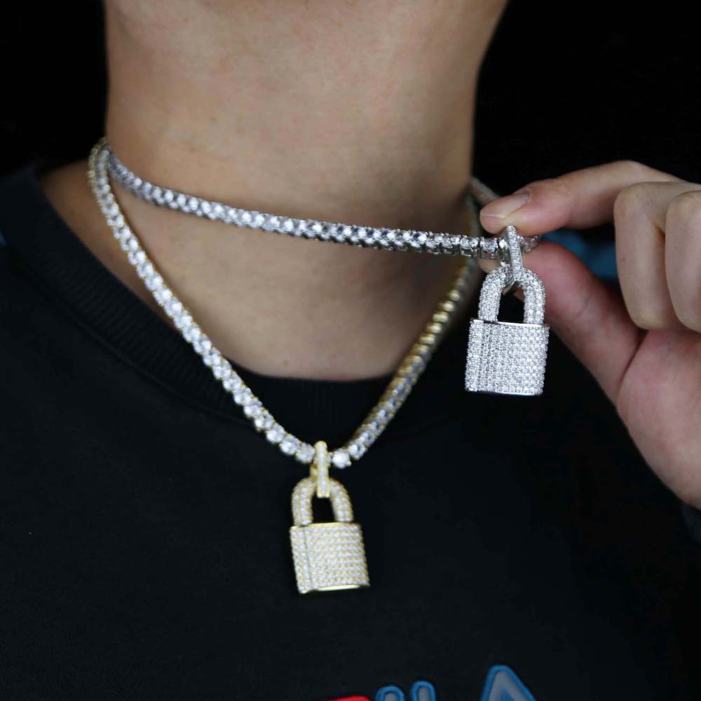 Iced Out Hip Hop Lock Pendant Necklace With Bling Cz Paved 5mm Tennis Chain Necklace Jewelry Wholesale For Women Girl Party Gift