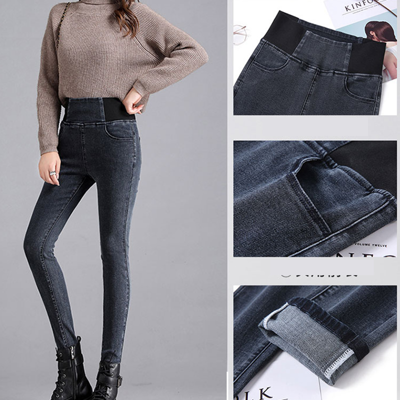 Classical vintage plus szie skinny jeans women elastic high waist stretch slim denim pencil pants solid colors straight leg jean 210203