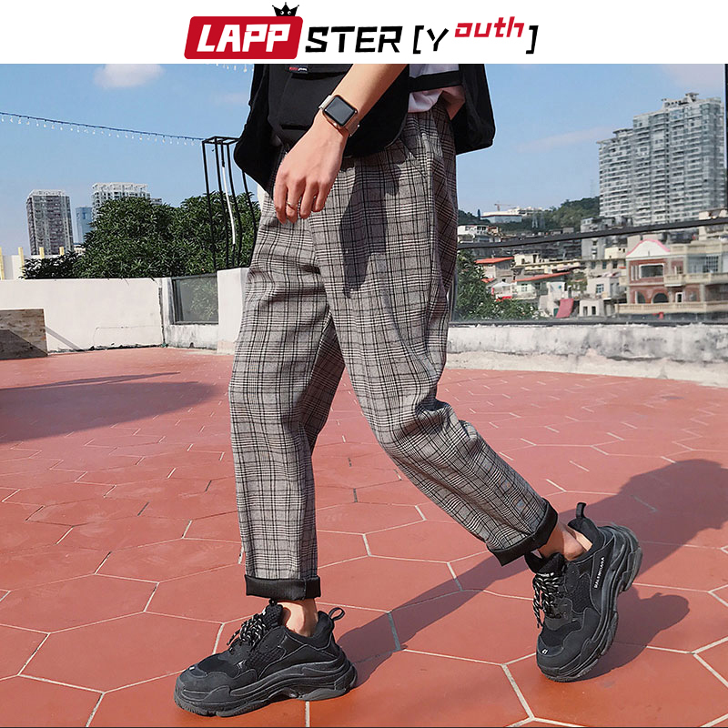 LAPPSTER-Youth Streetwear Black Plaid Pants Men Joggers Mens Straight Harem Pants Men Korean Hip Hop Trousers Plus Size 201118
