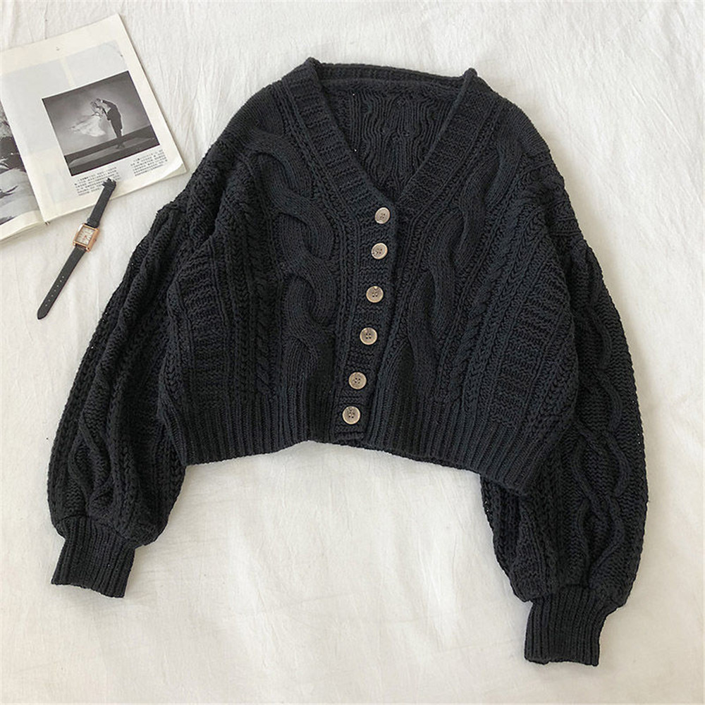 Women Sweater Spring Autumn V-Neck Long Sleeve Black Short Knitted Jacket Solid Simple Warm Cardigan Femme Plus Size jumper 35 201111wtt