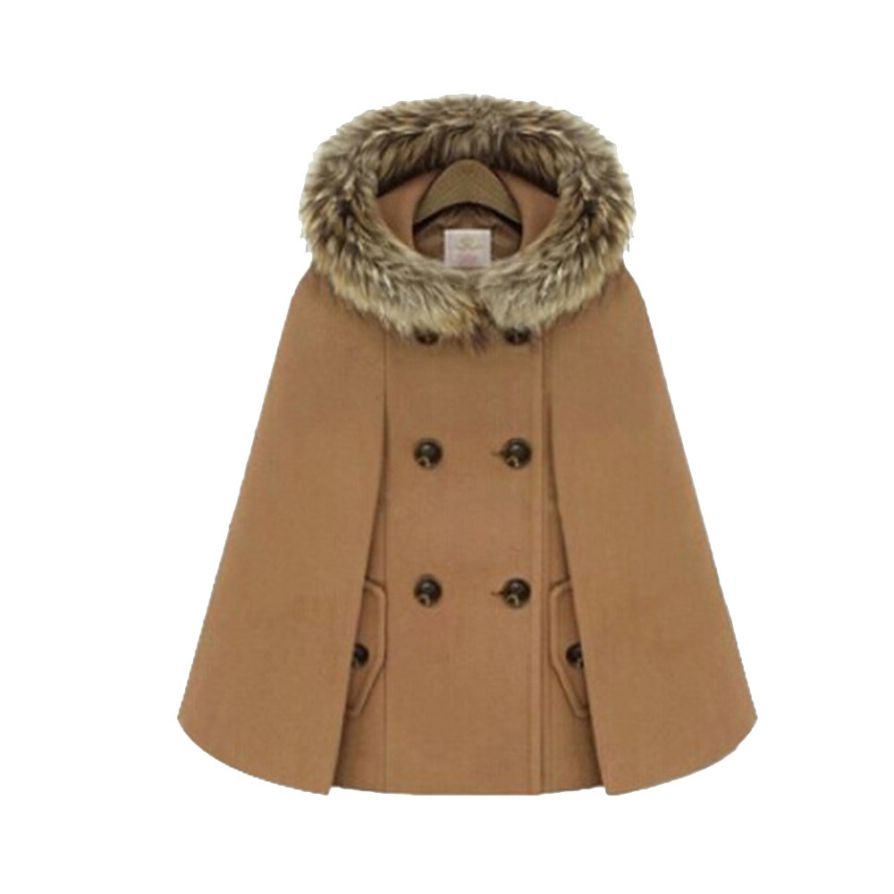 Woolen Female Elegant Poncho and Capes Coat Women Hooded Cape Fur Collar Double Breasted Winter Loose Street Short Overcoat Red 201210