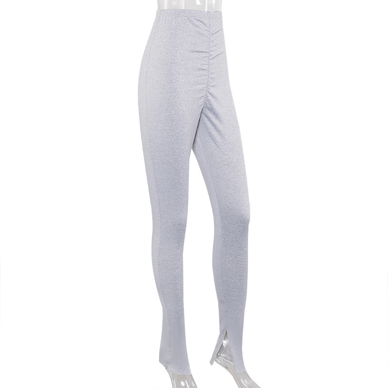 Joskaa Stacked leggings Ruched High Wasited Slit Flare Pants Solid Bandage Club Summer Solid Stretch Casual Long Trousers 201031