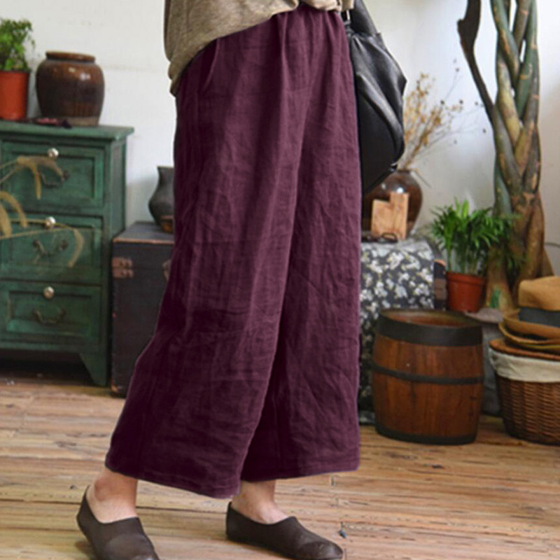 2019 Women Loose Long Pants Wide Leg Pants Cotton Linen Summer Casual Femme Pants Elastic Mid Waist Straight Harem Trousers T200319