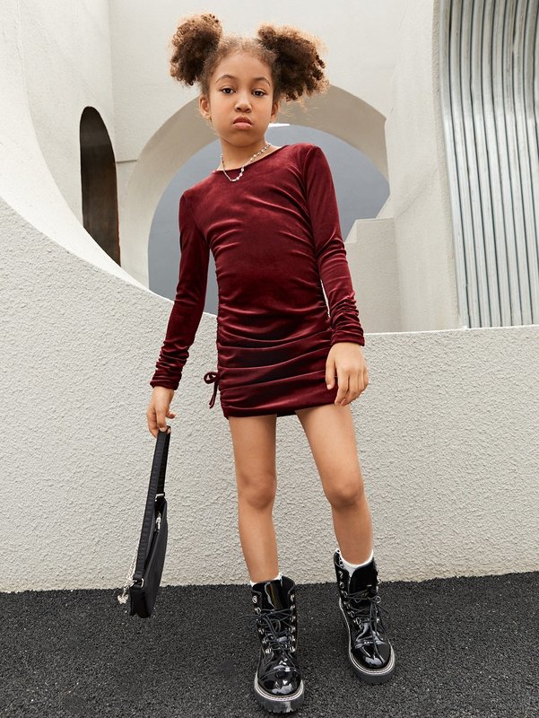 Girls 1pc Drawstring Side Ruched Velvet Dress SHE