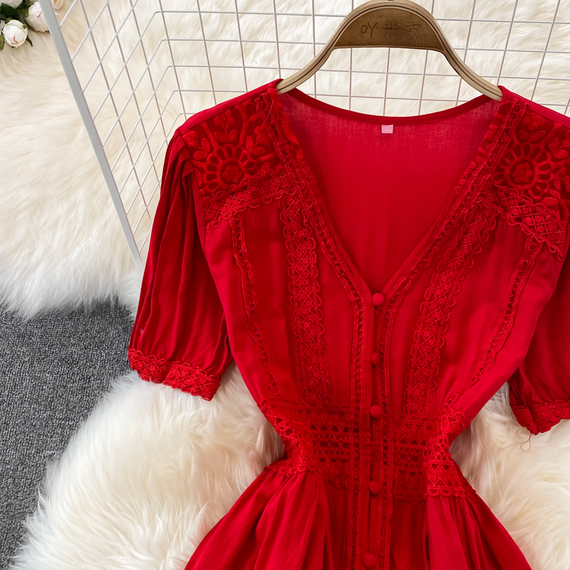 Summer Sexy Black/Red Embroidered Dress Women Elegant V-Neck Short Sleeve High Waist Single Breasted A-Line Vacation Beach Robe 2022