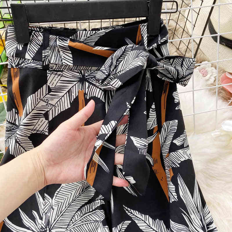 Vacation Style Split High Waist Wide Leg Pants Woman Bohemian Loose Fit Summer Trousers Ladies Lace-Up Printed Trousers Women T200422