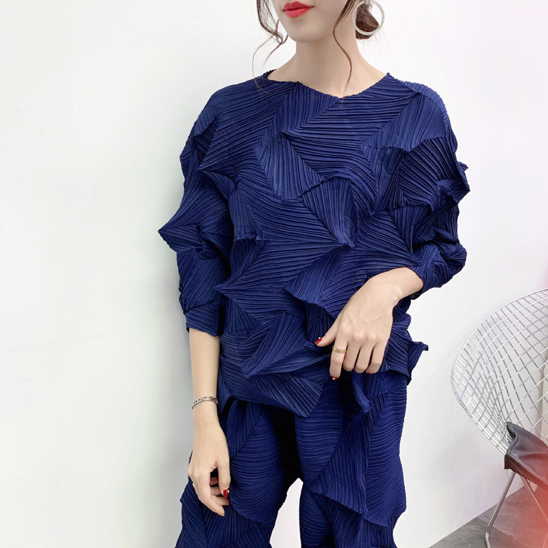 LANMREM roud neck full sleeves pleated three quarter sleeves T-shirt and high waist elastic wide legs pants set 201119