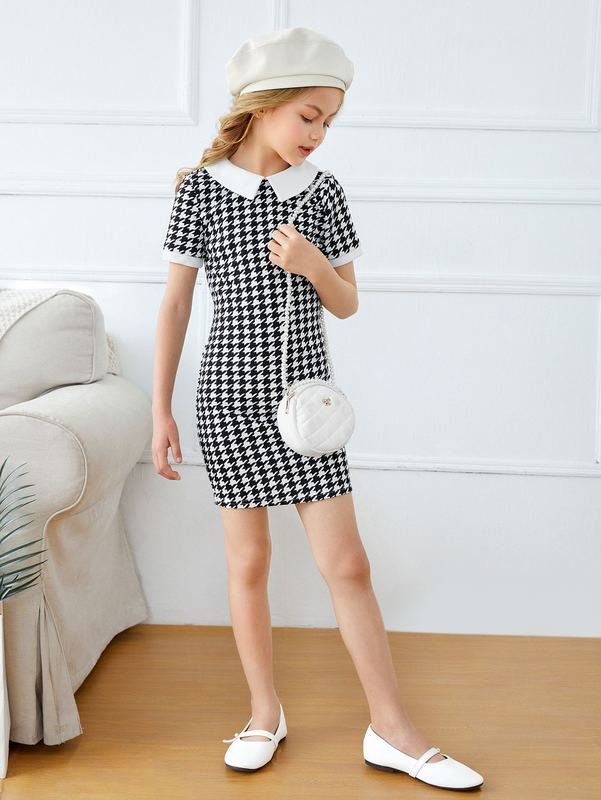 Girls Keyhole Back Houndstooth Print Fitted Dress SHE