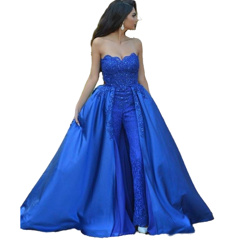Elegant Arabic Women Royal Jumpsuits Dresses Evening Wear Detachable Overskirt Peplum Formal Evening Gowns Long Pageant Prom Party Dress