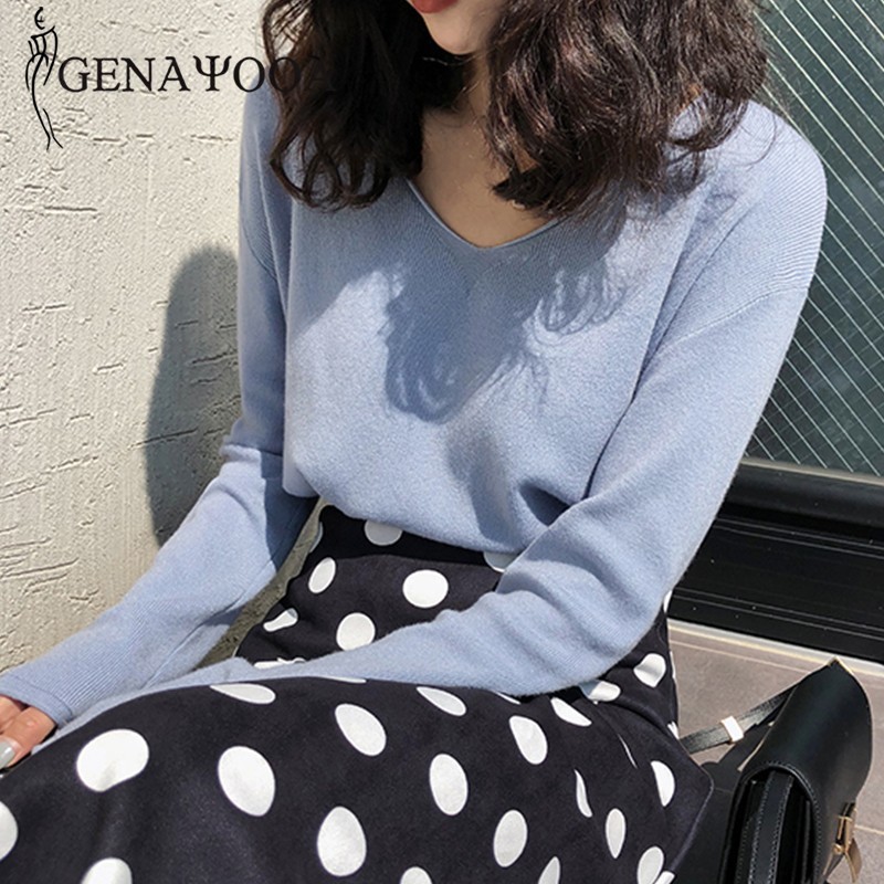 Genayooa Autumn Winter Women Sweater Basic Long Sleeve V Neck Knitted Sweater Women Pullover Loose Jumper Ladies Korean 201222